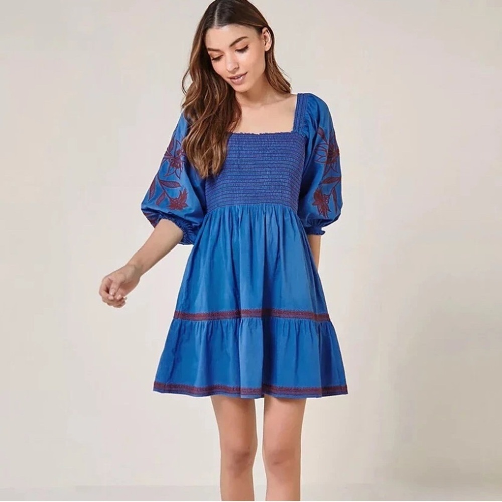 Omika XS Blue Embroidered Smocked Tie Back Mini Dress ~ Boho Beach Resort